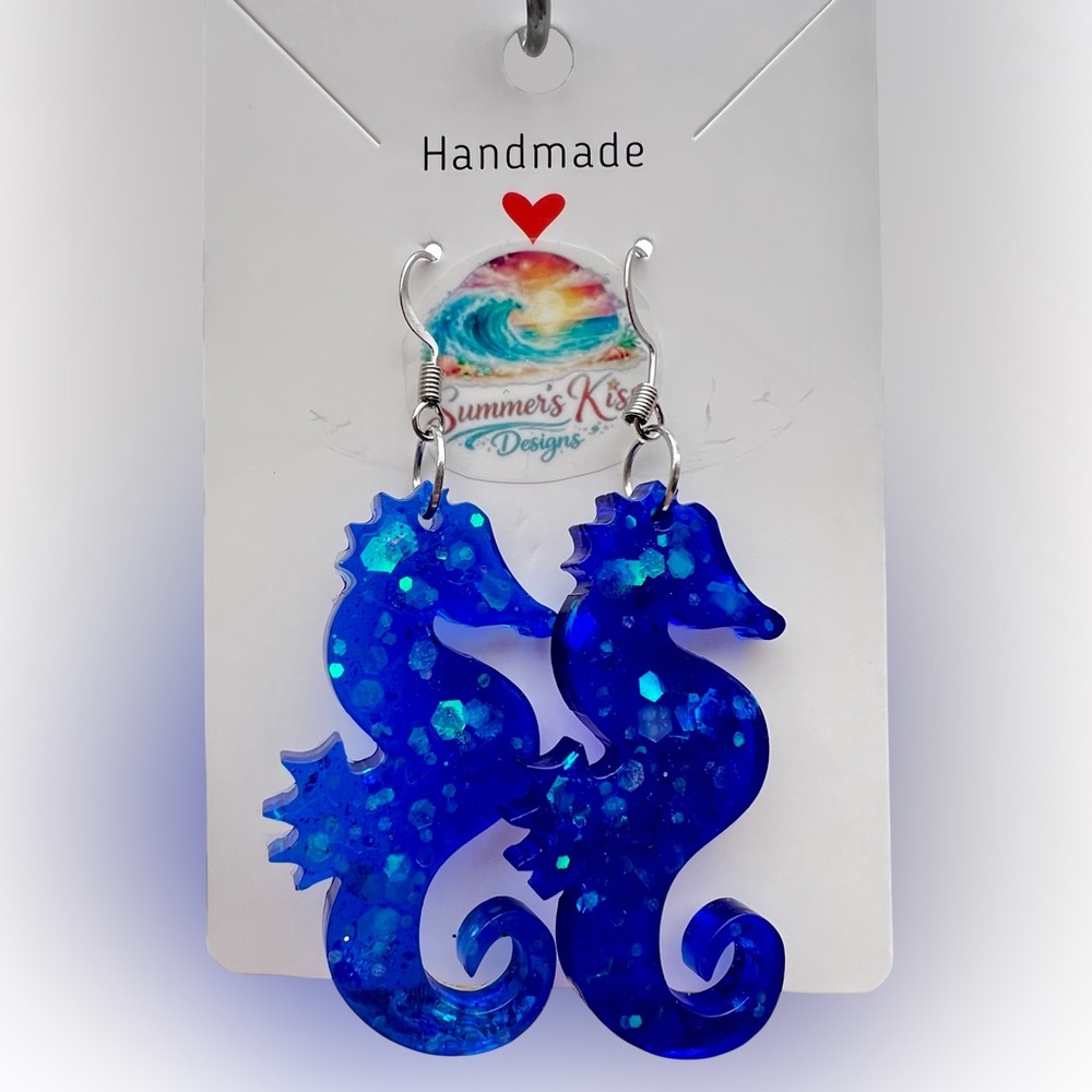 Handmade resin sparkly Blue Glitter Seahorse Dangle Earrings
